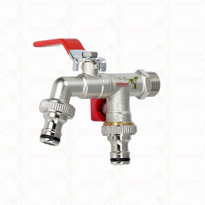 Pirinç Ekonomik Çift Çıkışlı Musluk Nikel Kaplamalı Kırmızı Kol 1/2"*3/4"*3/4"